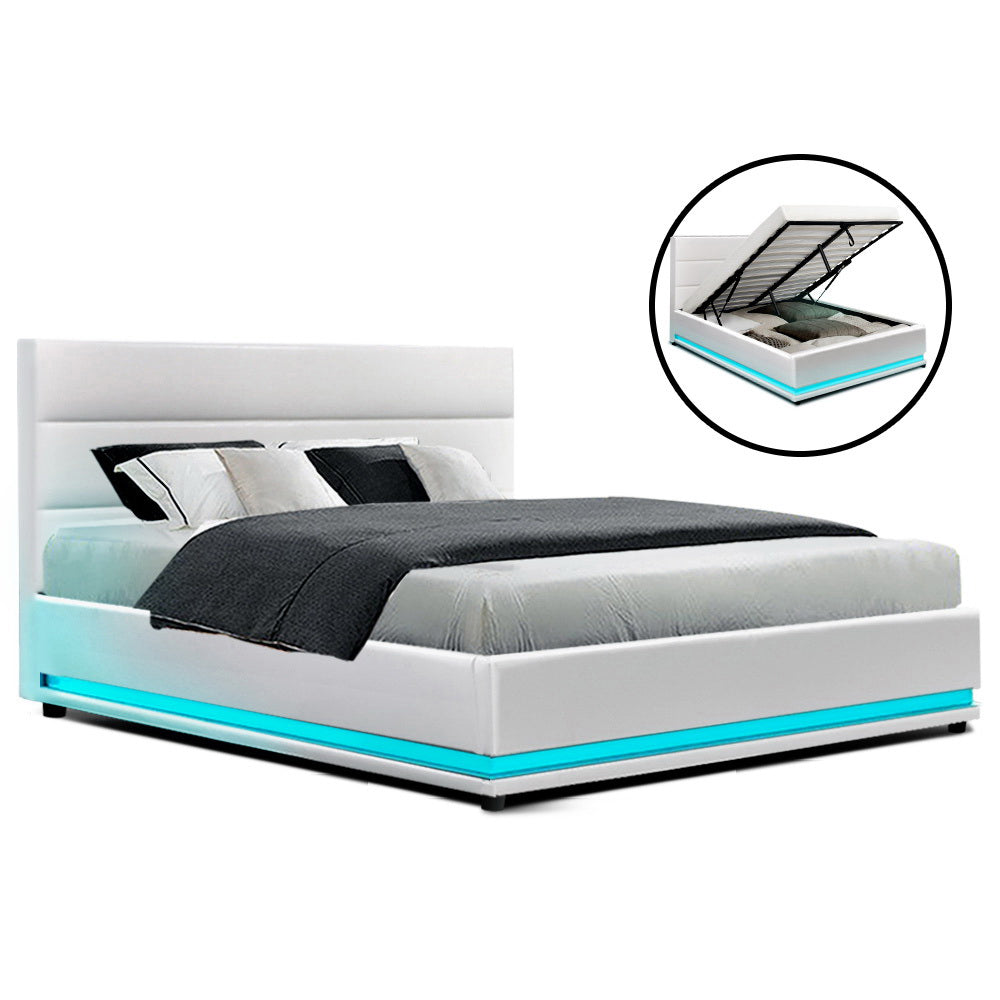 LED Bed Frame Queen Size Gas Lift Base Storage White Leather LUMI - House Things Furniture > Bedroom
