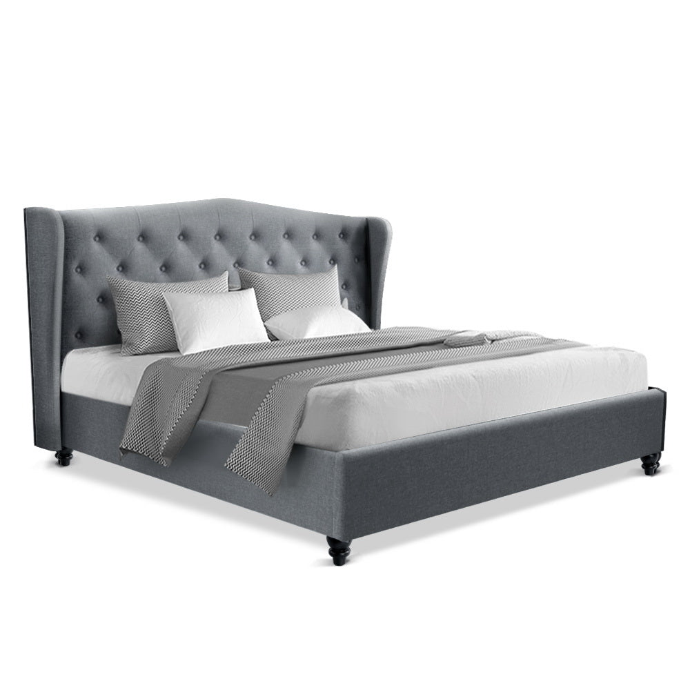 King Size Wooden Upholstered Bed Frame Headboard - Grey - House Things Furniture > Bedroom