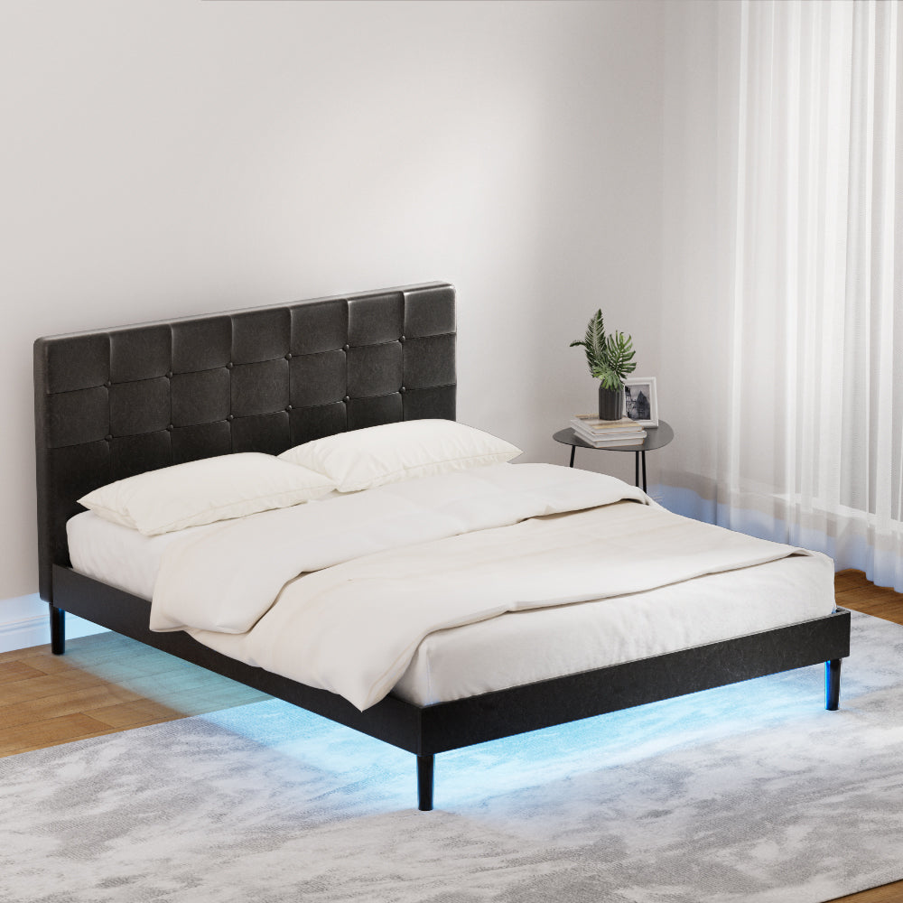 Queen Bed Frame Black Faux Leather LED Lights 
