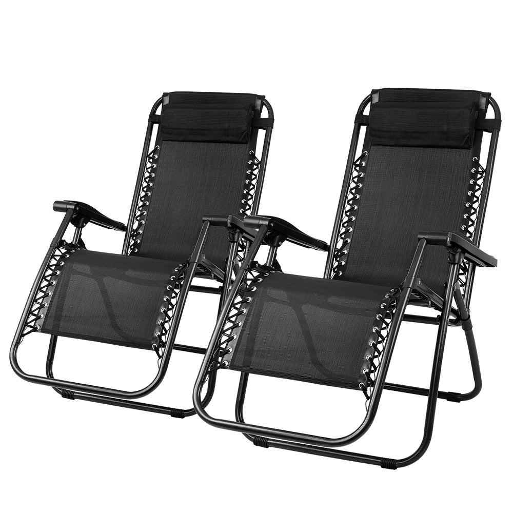 Gardeon Zero Gravity Chairs 2PC Reclining Outdoor Furniture Sun Lounge Folding Camping Lounger Black - House Things Furniture > Outdoor