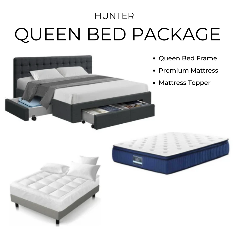 HUNTER Queen Bed & Mattress Package - Queen Bed Frame, Mattress & Topper - House Things