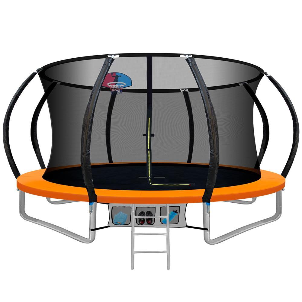 12FT Trampoline Round Trampolines With Basketball Hoop Kids Present Gift Enclosure Safety Net Pad Outdoor Orange - House Things Sports & Fitness > Trampolines