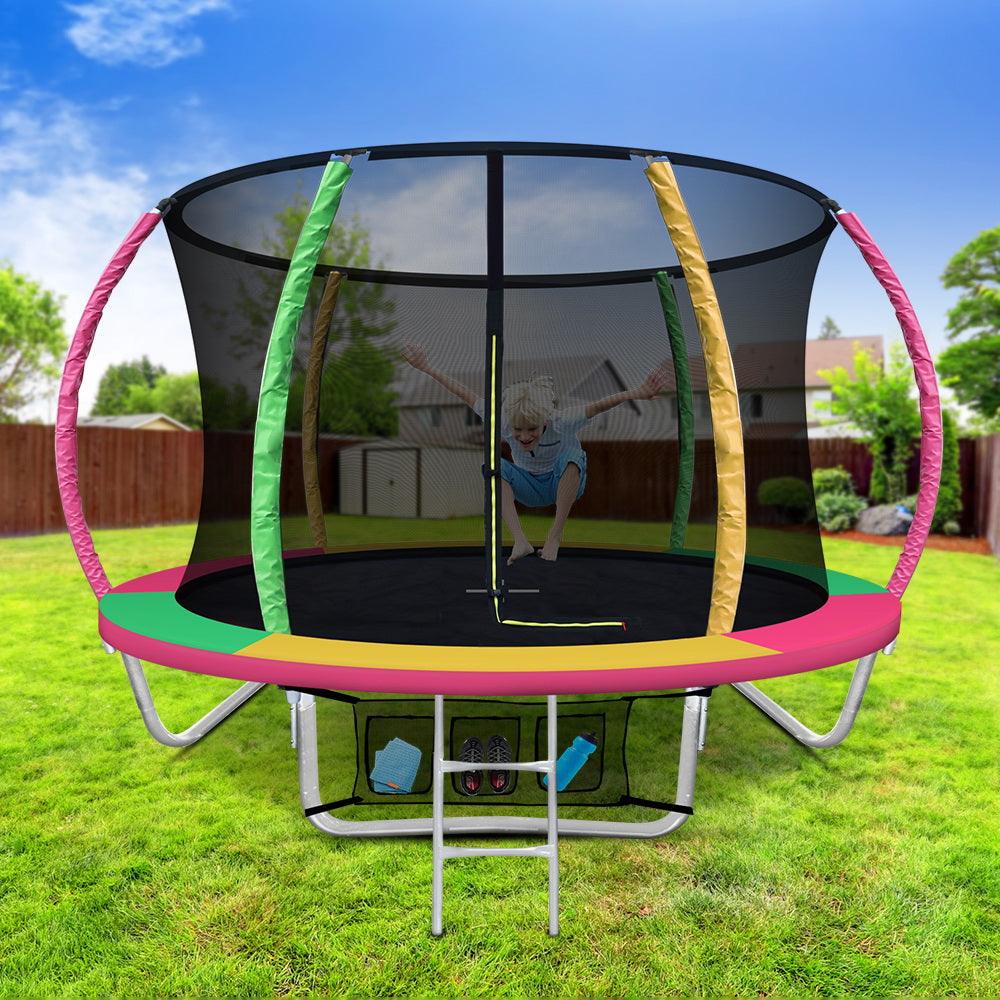 8FT Trampoline Round Trampolines Kids Present Gift Enclosure Safety Net Pad Outdoor Multi-coloured - House Things Sports & Fitness > Trampolines