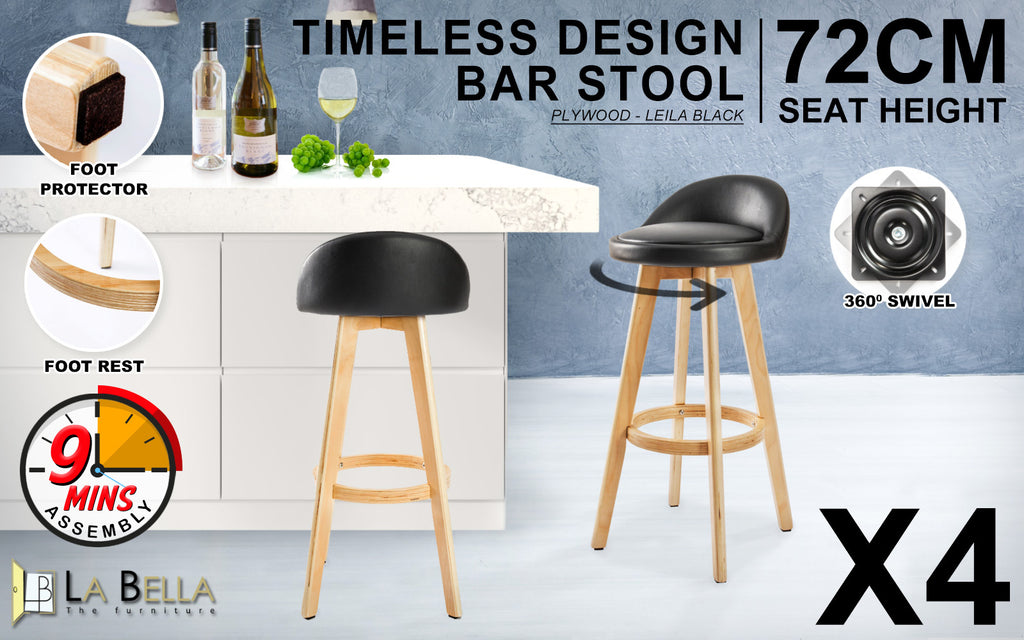 Carmen 4 Set 72cm Black Wooden Bar Stool Leather - House Things Furniture > Bar Stools & Chairs