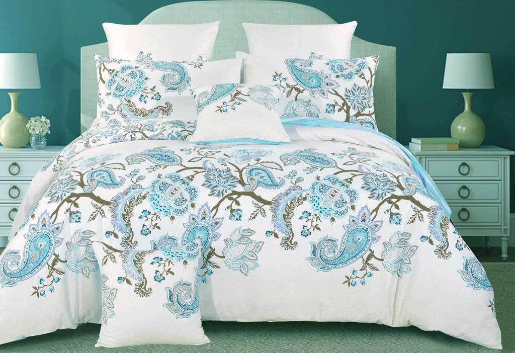 Queen Size Cotton White Blue Paisley Quilt Cover Set (3PCS) - Housethings 