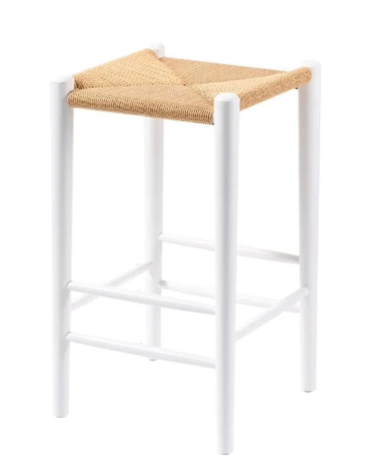 Meisha 65cm Wicker Wooden Kitchen Bar Stool - Natural Top with White frame - House Things