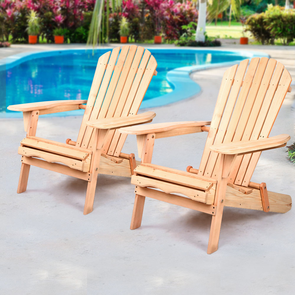 2pc Adirondack Outdoor Chairs Wooden Beach Chair Patio Furniture Garden Natural 