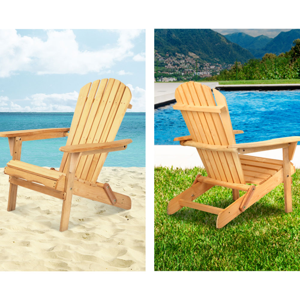 3pc Adirondack Outdoor Table and Chairs Wooden Foldable Beach Chair Natural