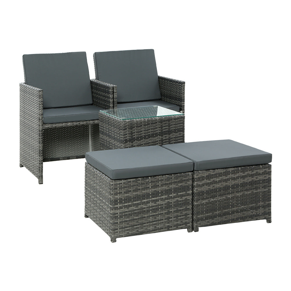 Gardeon 5pc Bistro Set Wicker Table and Chairs Ottoman Outdoor Grey