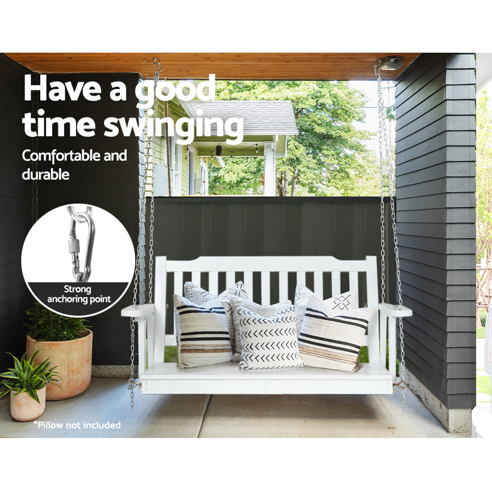 2 Seater White Porch Swing Chair with Chain Wooden Garden Bench