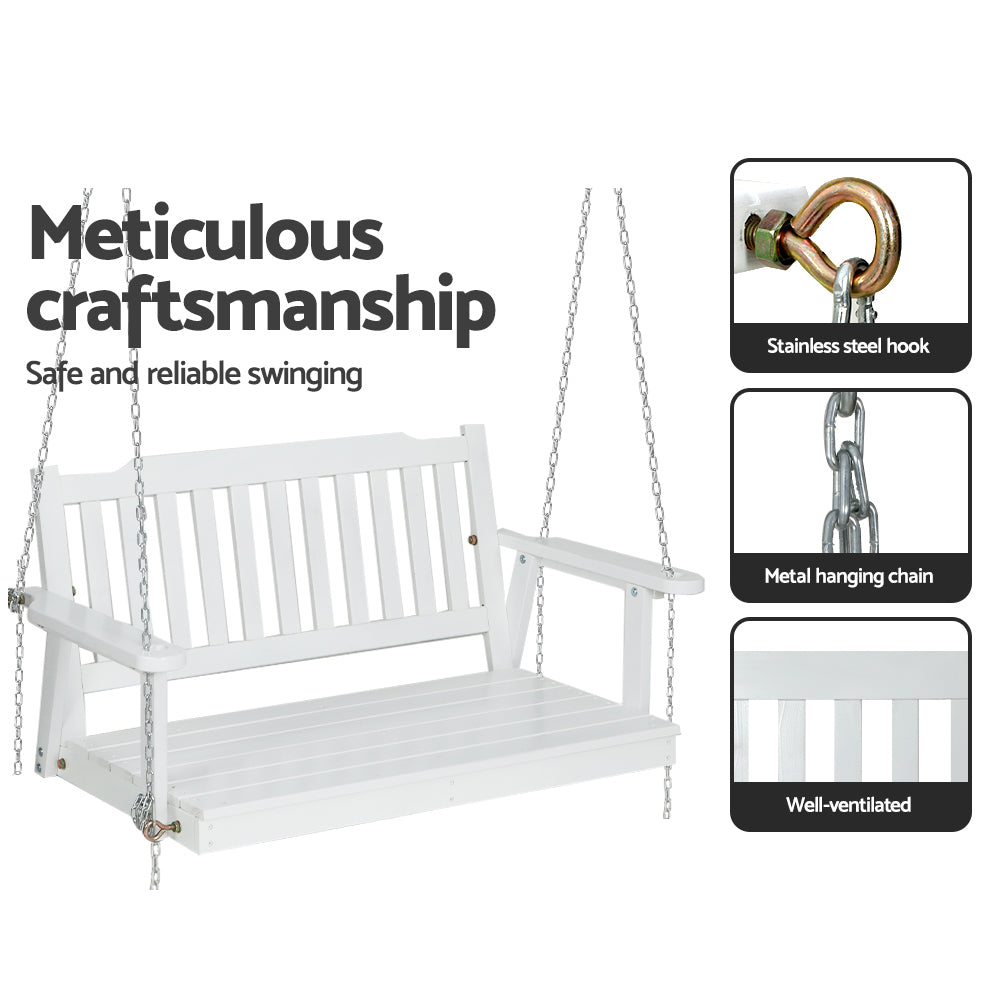 2 Seater White Porch Swing Chair with Chain Wooden Garden Bench