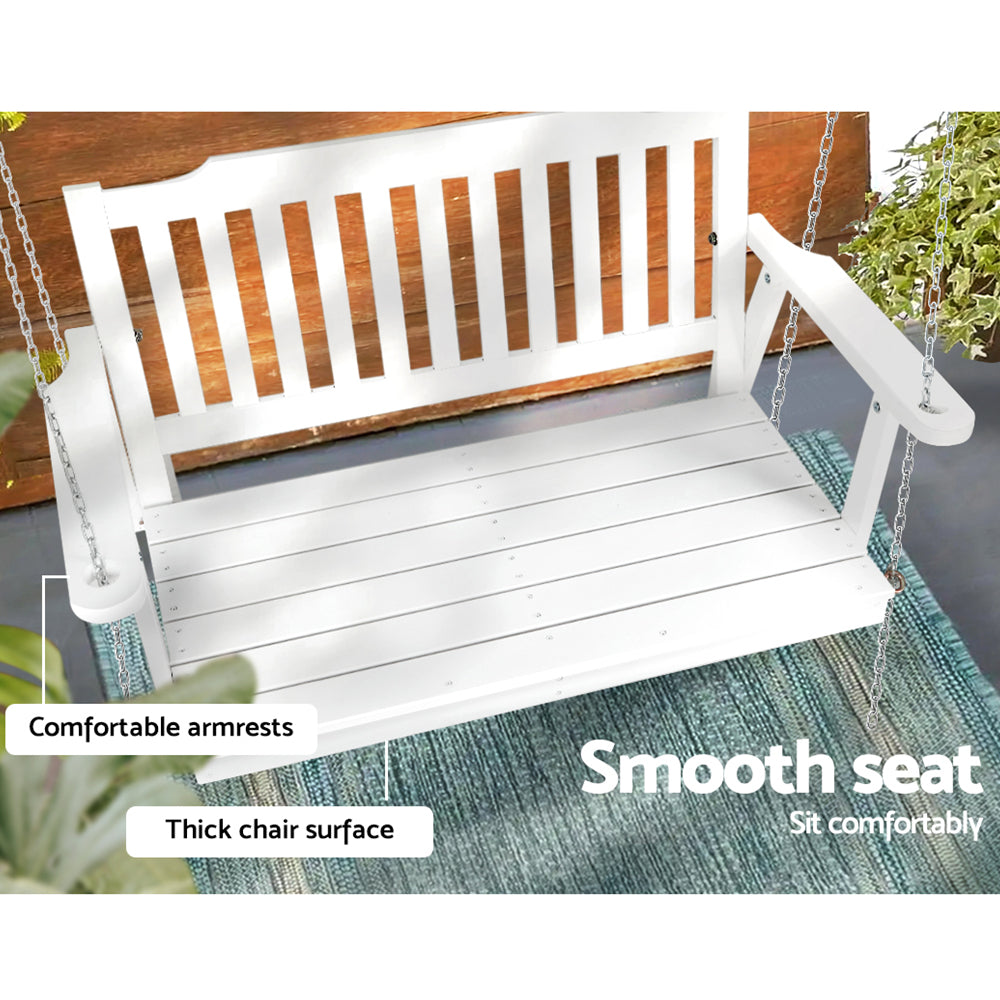 2 Seater White Porch Swing Chair with Chain Wooden Garden Bench