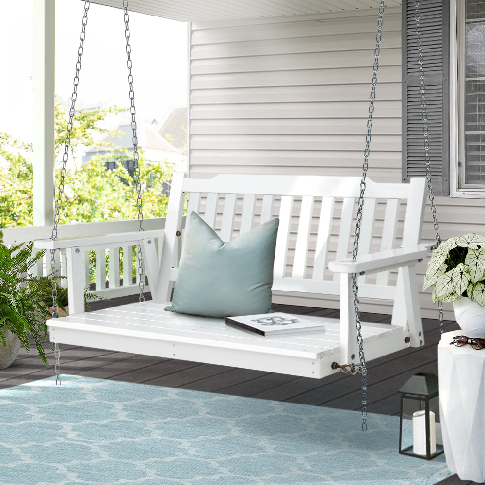 2 Seater White Porch Swing Chair with Chain Wooden Garden Bench