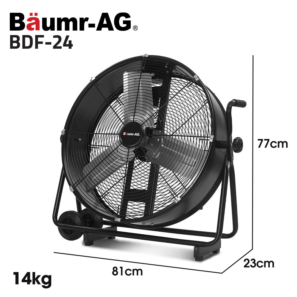 Baumr 24" 610mm 260W Industrial Mobile Floor Drum Fan, Tilting, Large, Commercial, Heavy-duty Frame, EESS Certified