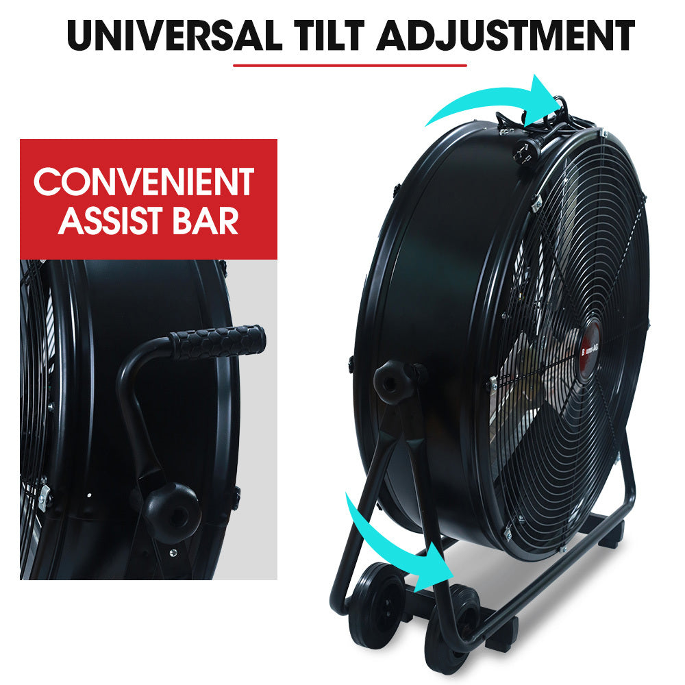 Baumr 24" 610mm 260W Industrial Mobile Floor Drum Fan, Tilting, Large, Commercial, Heavy-duty Frame, EESS Certified