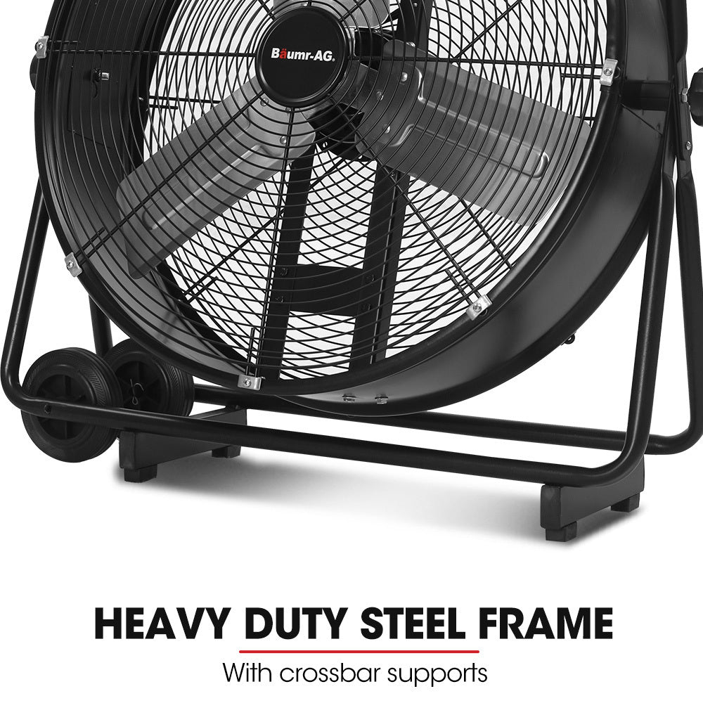 Baumr 24" 610mm 260W Industrial Mobile Floor Drum Fan, Tilting, Large, Commercial, Heavy-duty Frame, EESS Certified