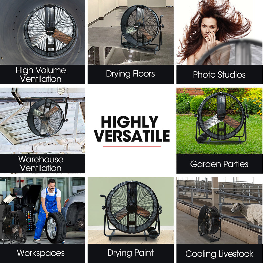 Baumr 24" 610mm 260W Industrial Mobile Floor Drum Fan, Tilting, Large, Commercial, Heavy-duty Frame, EESS Certified