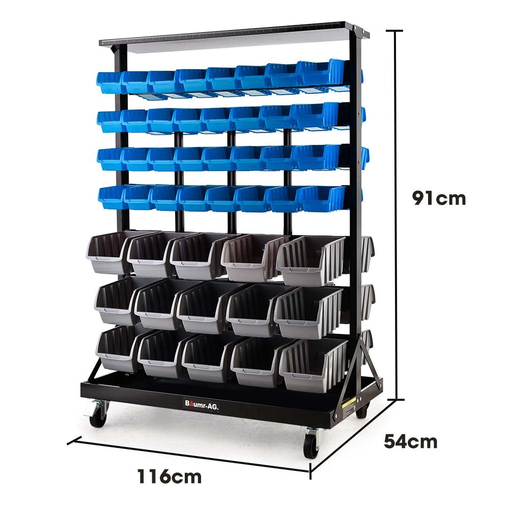 Baumr 94 Parts Bin Rack Storage System Mobile Double-Sided - Blue