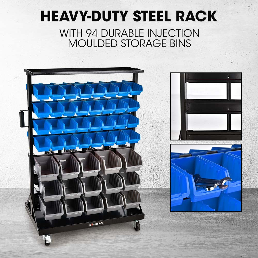 Baumr 94 Parts Bin Rack Storage System Mobile Double-Sided - Blue