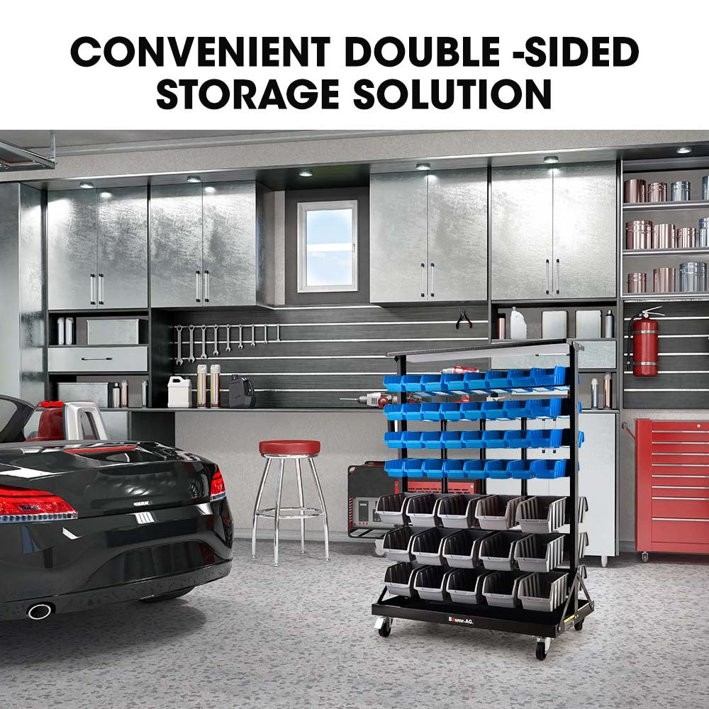 Baumr 94 Parts Bin Rack Storage System Mobile Double-Sided - Blue