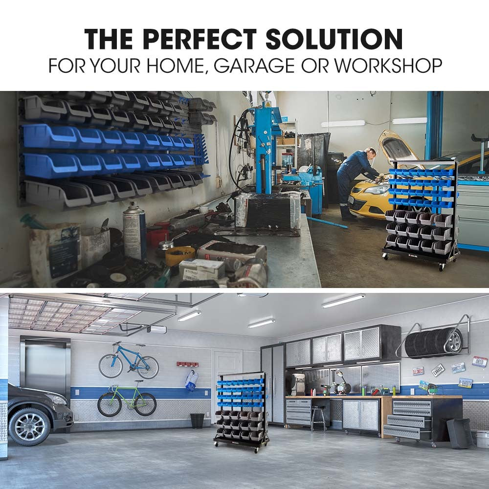 Baumr 94 Parts Bin Rack Storage System Mobile Double-Sided - Blue