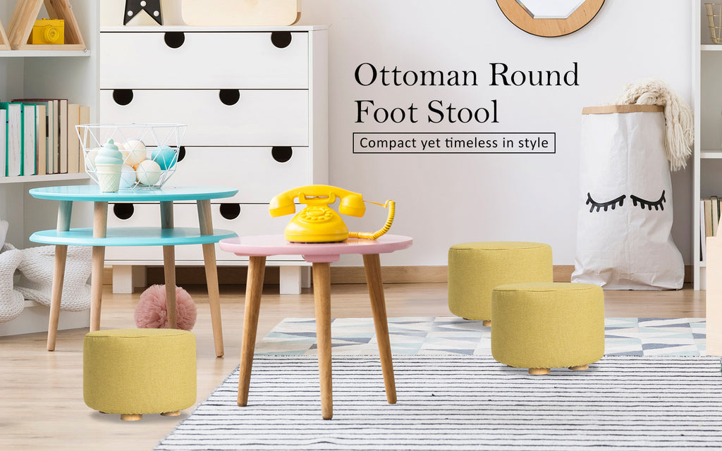 Fabric Ottoman Round Wooden Leg Foot Stool MUSTARD YELLOW