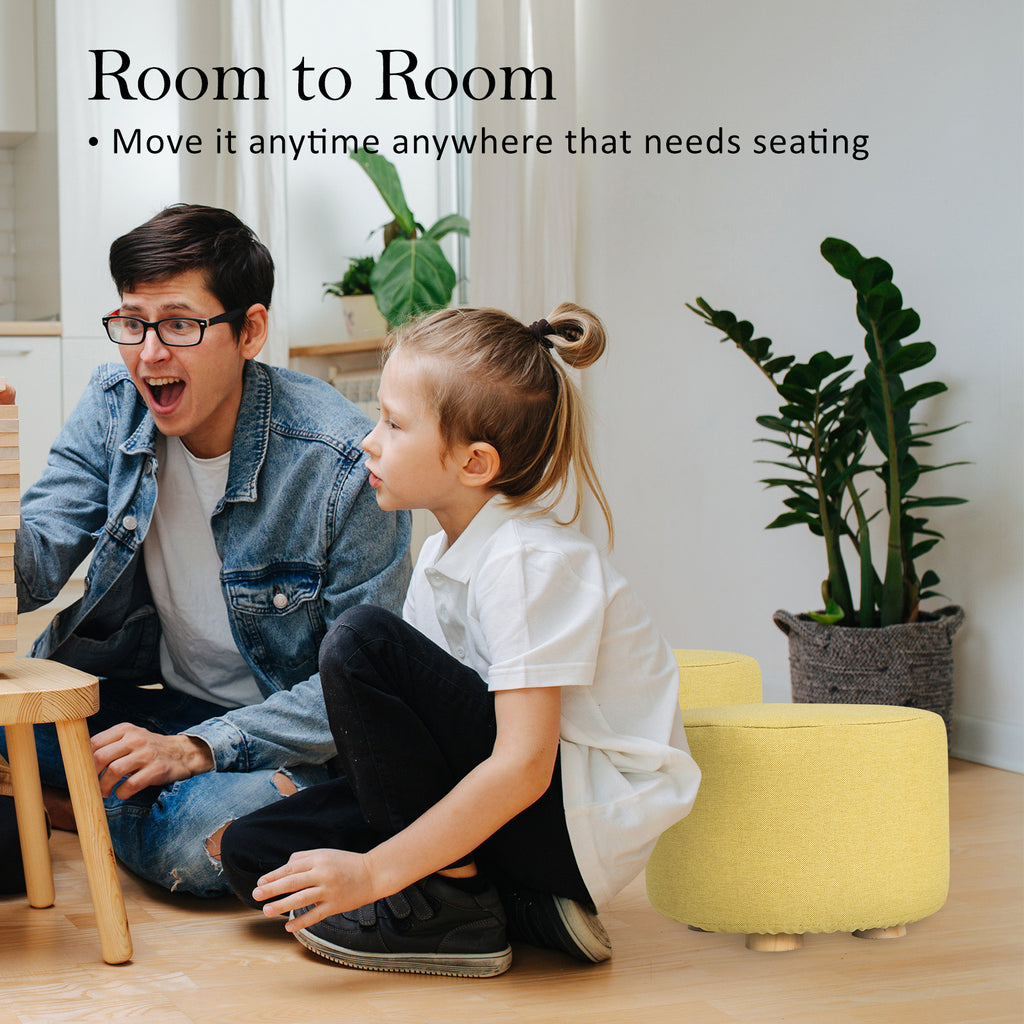 Fabric Ottoman Round Wooden Leg Foot Stool MUSTARD YELLOW