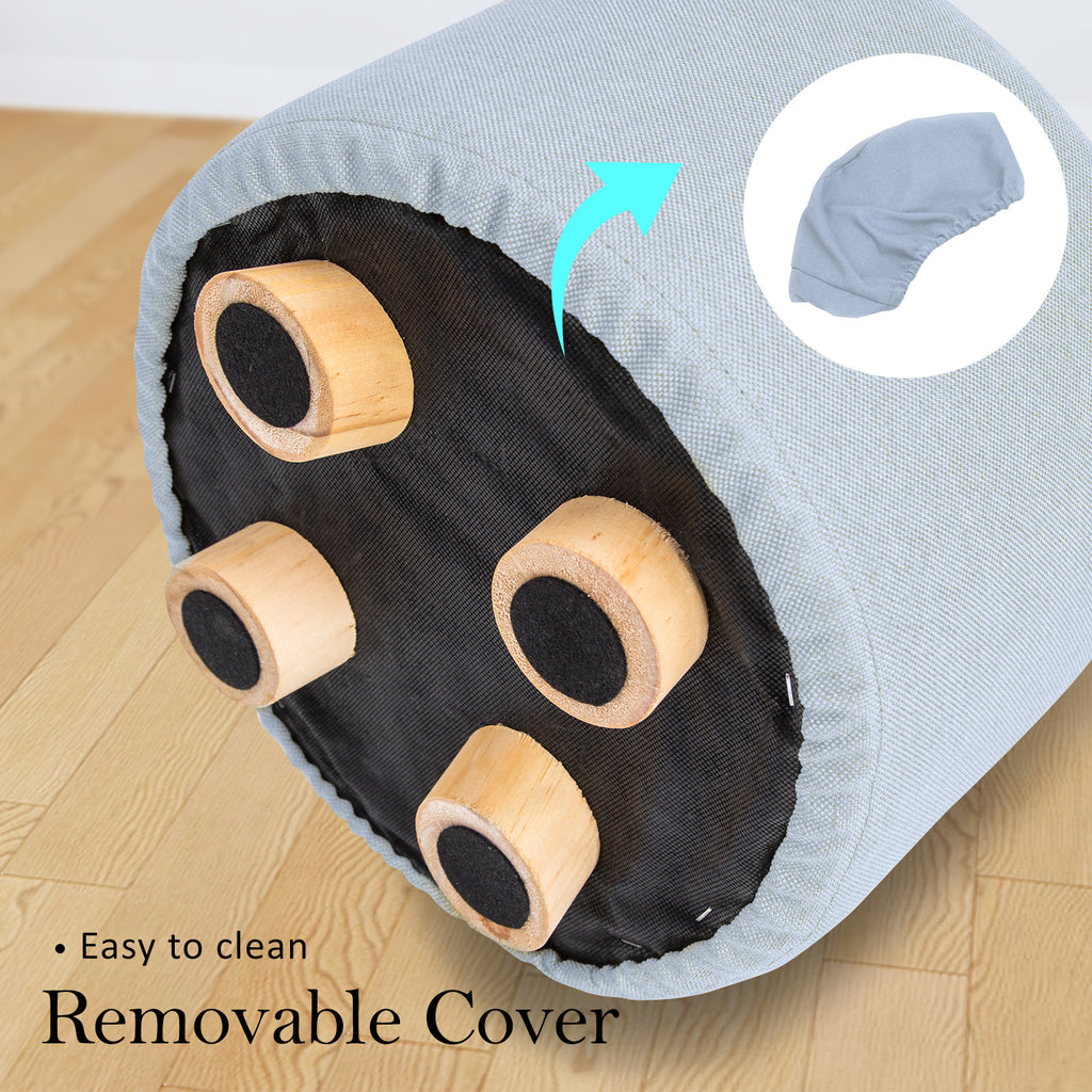 Fabric Ottoman Round Wooden Leg Foot Stool LIGHT BLUE