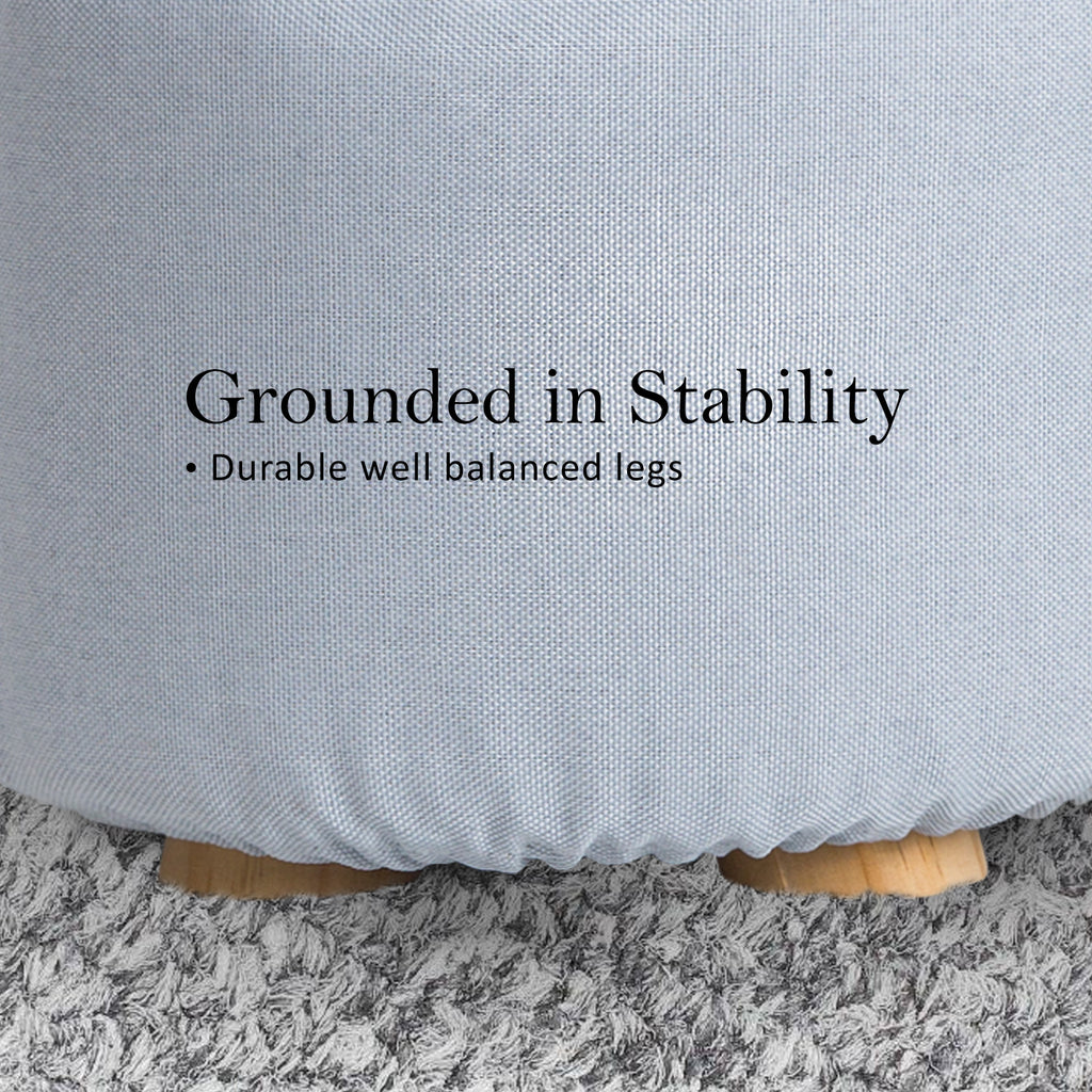 Fabric Ottoman Round Wooden Leg Foot Stool LIGHT BLUE