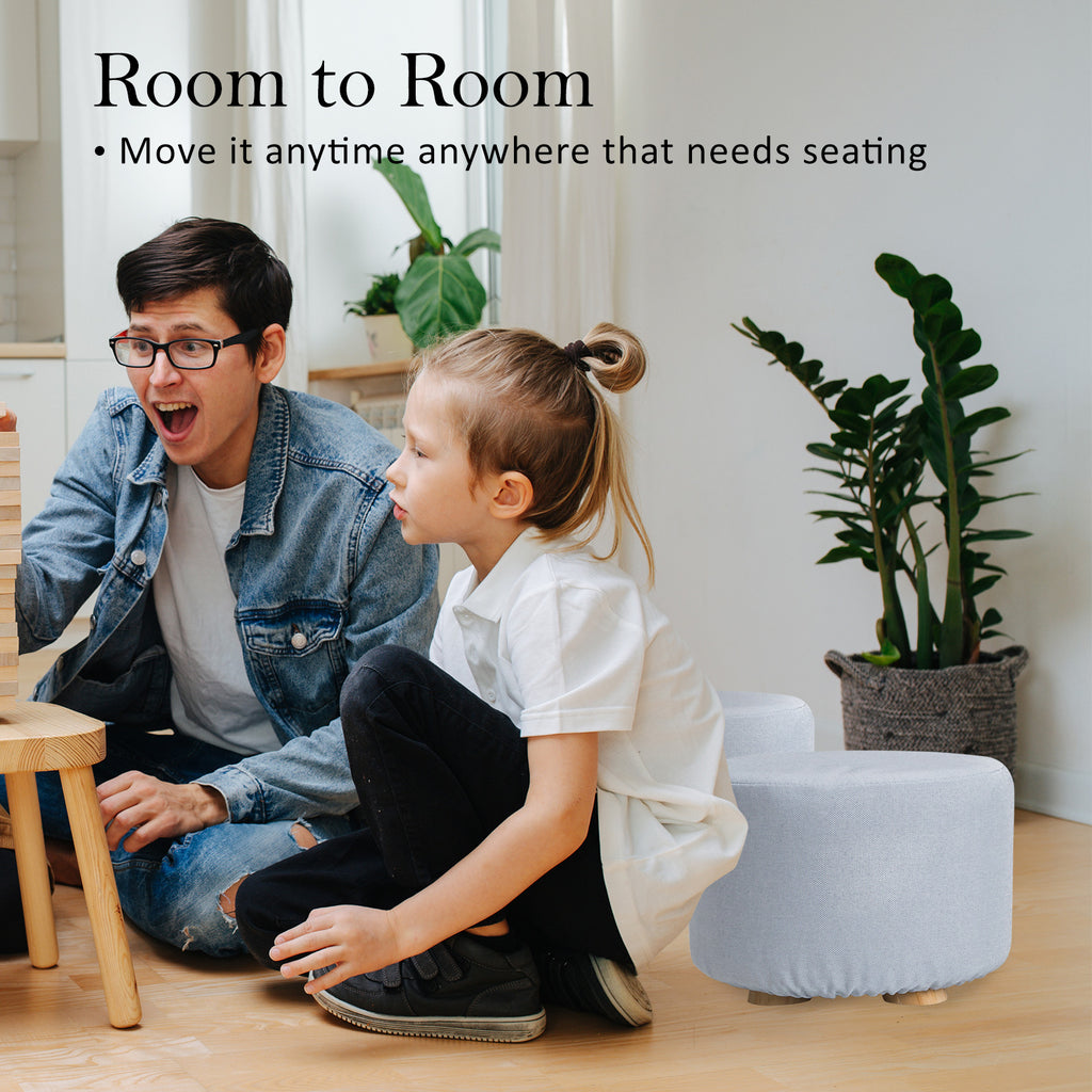 Fabric Ottoman Round Wooden Leg Foot Stool LIGHT BLUE