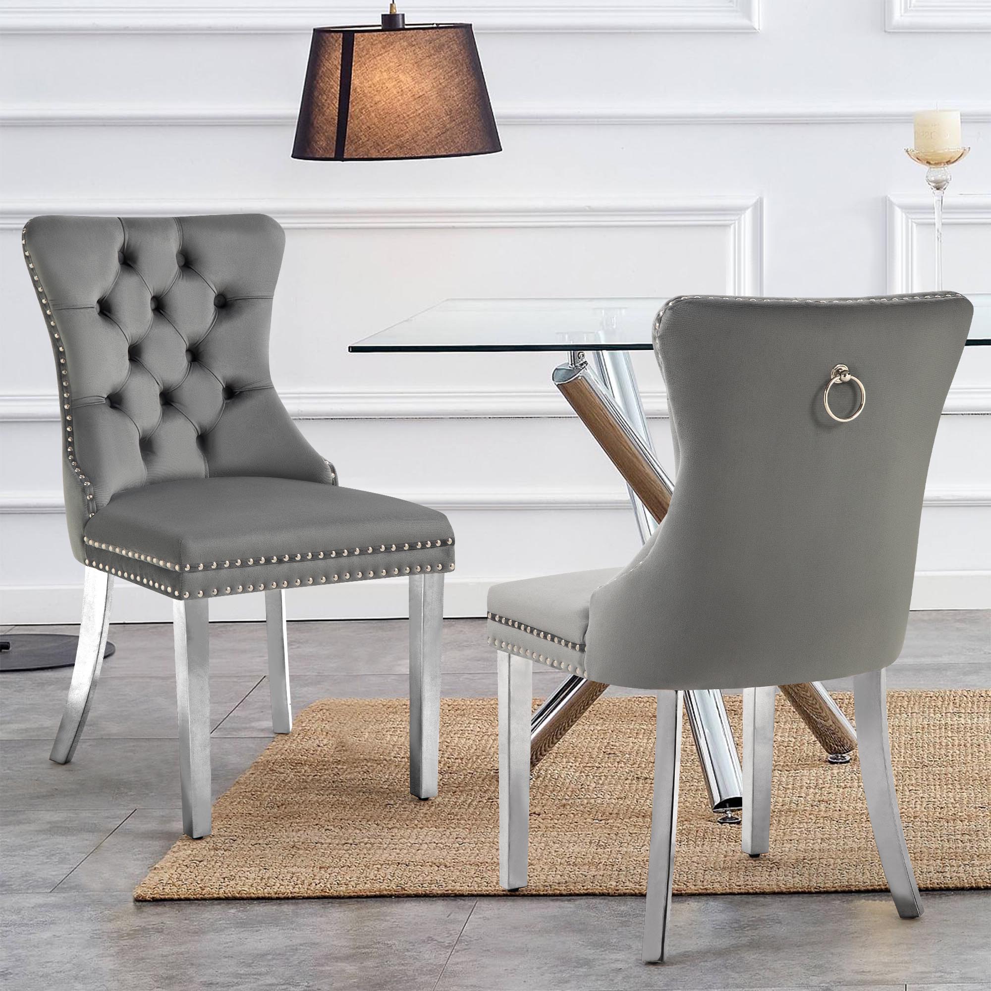 Set of -Alsea Dark Grey Velvet Silver Steel Dining Chairs