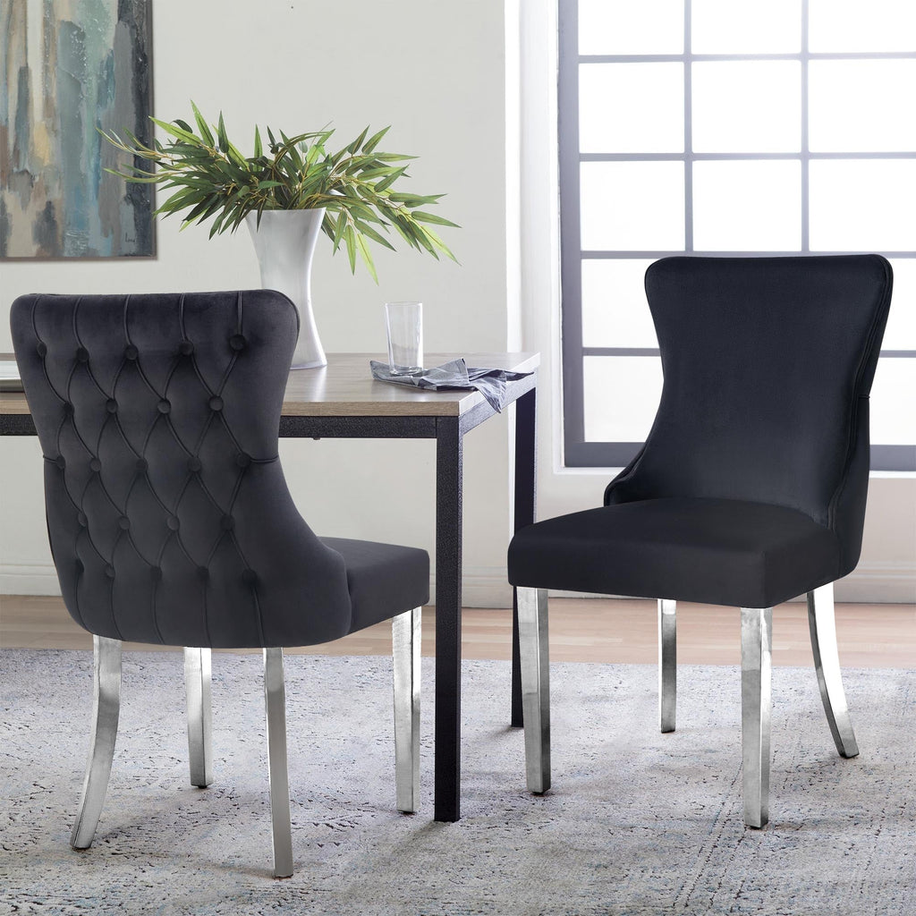 2x Paris Black Velvet  & Silver Polished Steel Upholstered Dining Chairs Tufted Back
