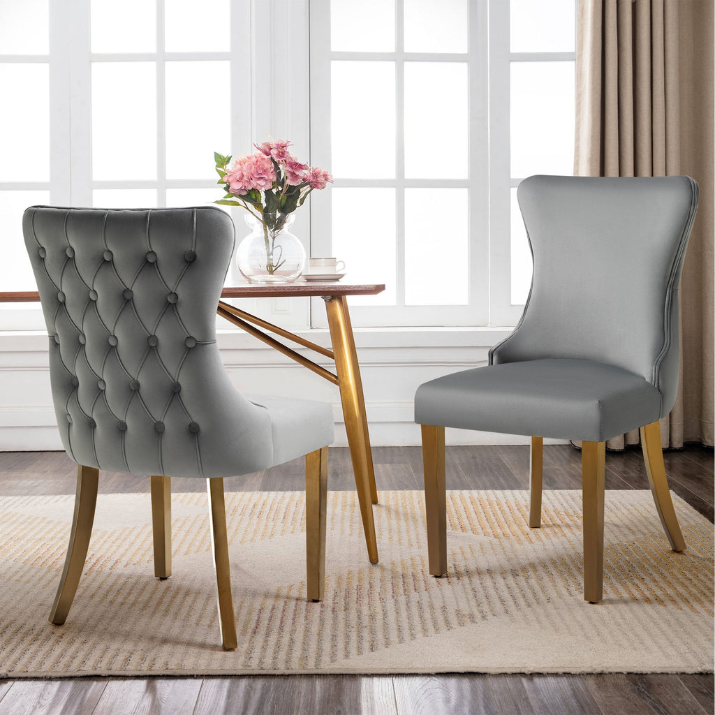 2x Paris Dark Grey Velvet  & Gold Polished Steel Upholstered Dining Chairs Tufted Back