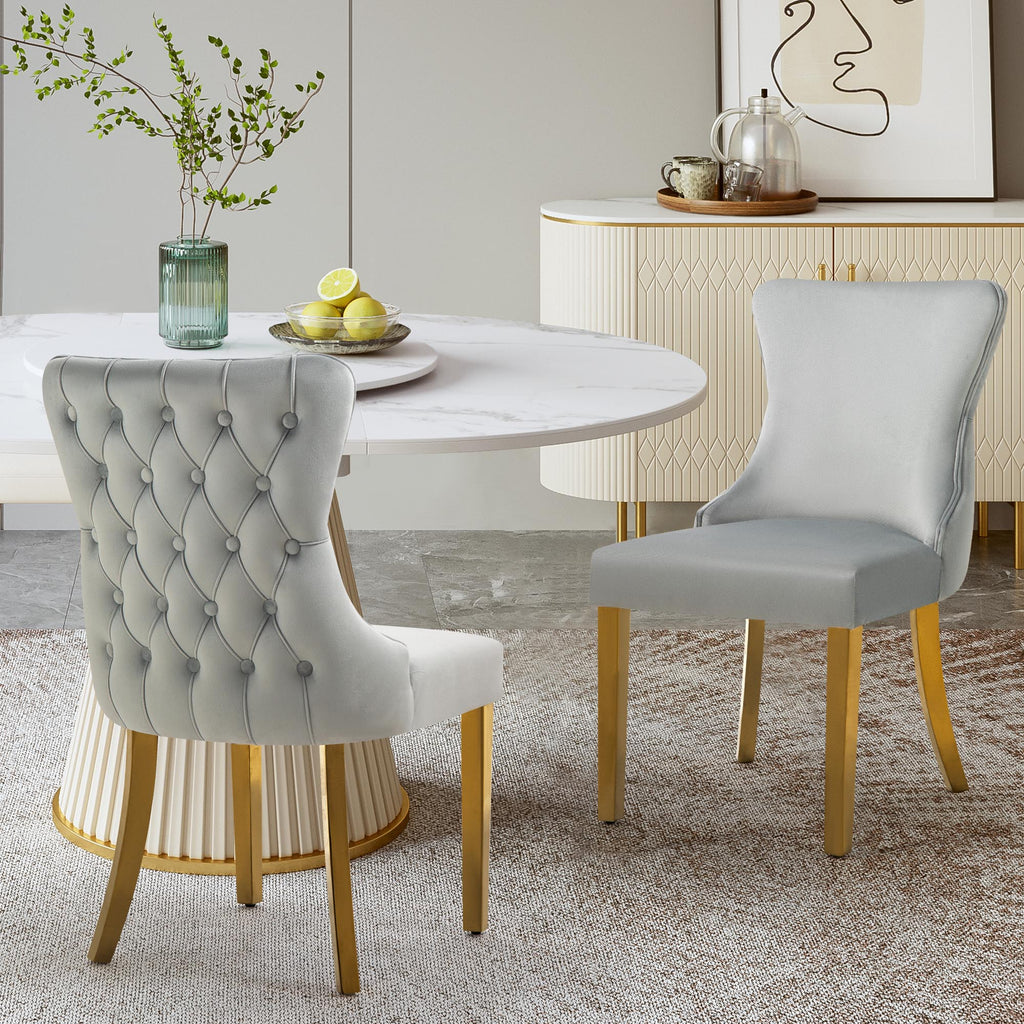 2x Paris Light Grey Velvet  & Gold Polished Steel Upholstered Dining Chairs Tufted Back