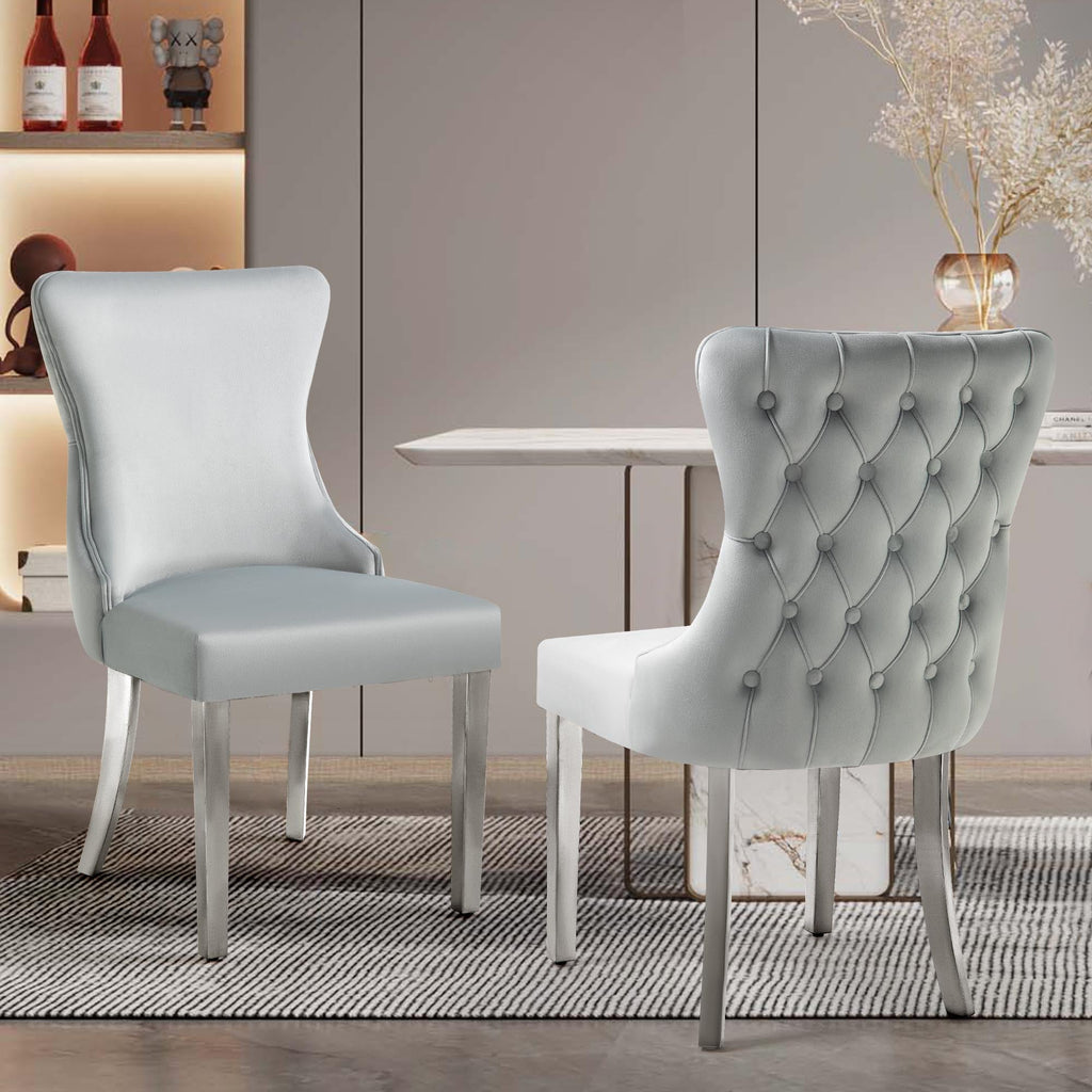 2x Paris Light Grey Velvet  & Silver Polished Steel Upholstered Dining Chairs Tufted Back