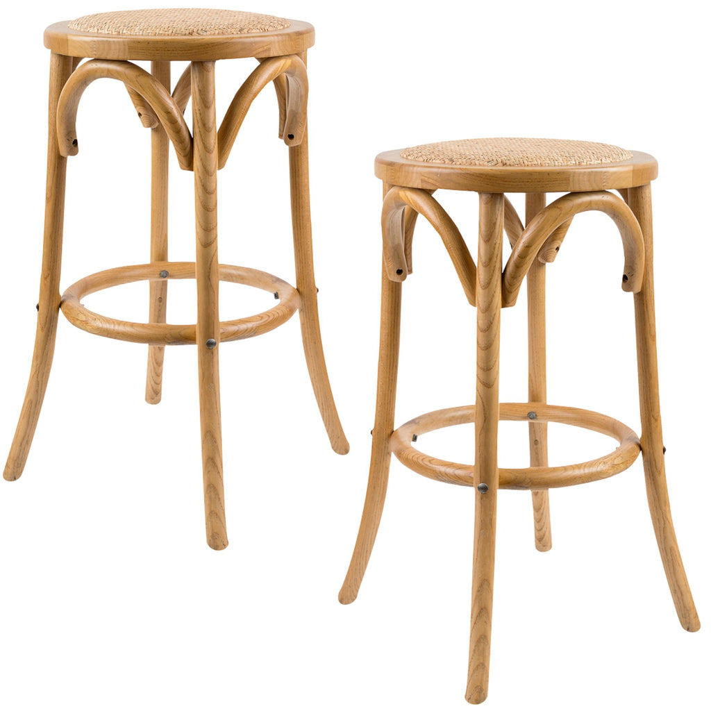 Aster 2pc Round Bar Stools Dining Chair Solid Birch Timber Rattan Seat Oak