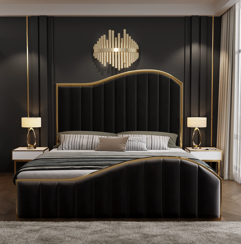 King Size Black Velvet Fabric Storage Bed