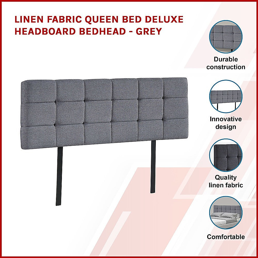 Linen Fabric Queen Bed Deluxe Headboard Bedhead Grey