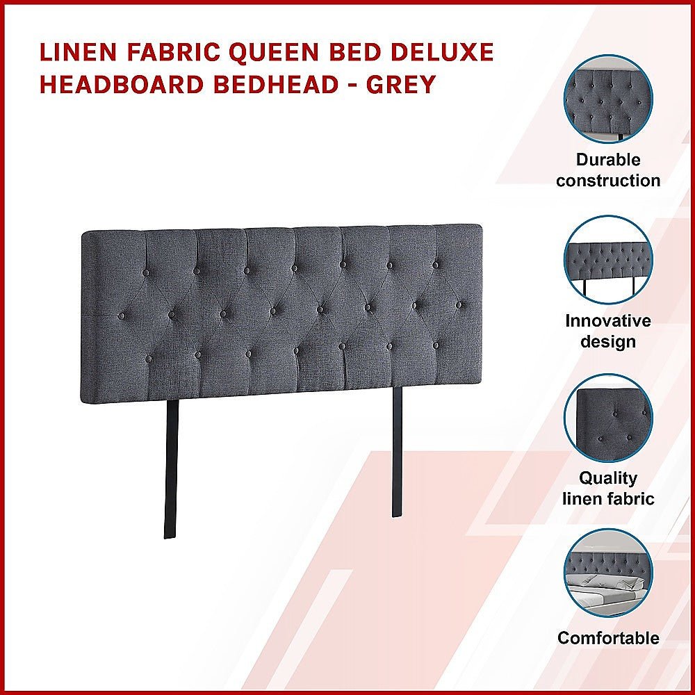 Linen Fabric Queen Bed Deluxe Headboard Bedhead Grey