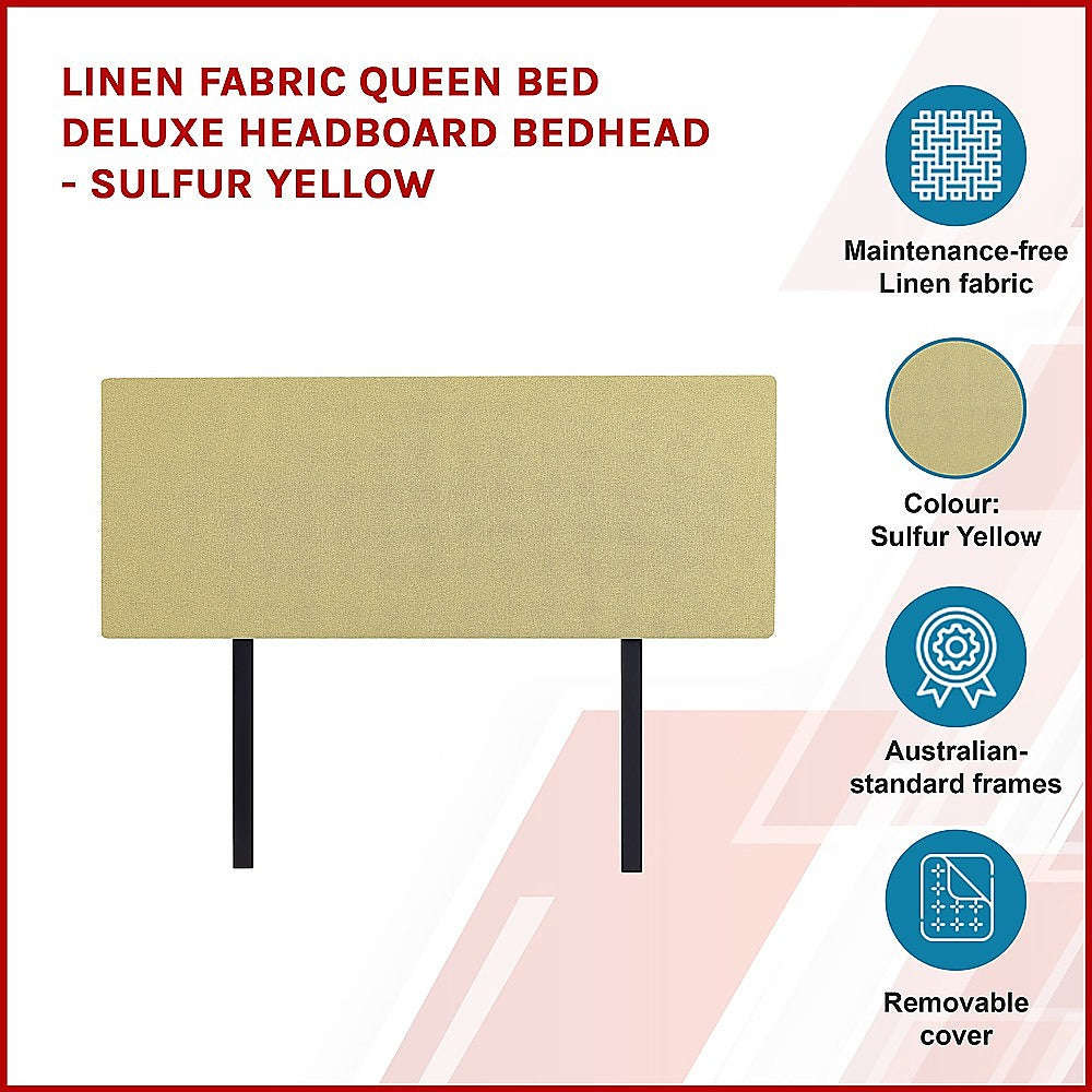 Linen Fabric Queen Bed Deluxe Headboard Bedhead Sulfur Yellow