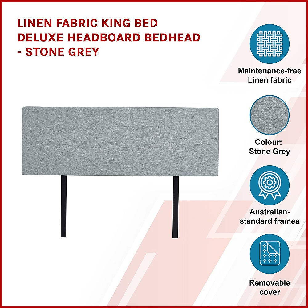 Linen Fabric King Bed Deluxe Headboard Bedhead Stone Grey