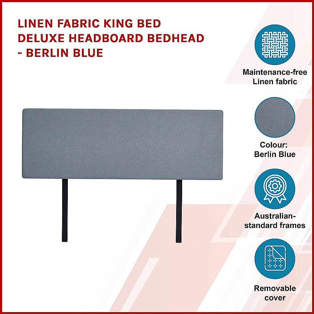Linen Fabric King Bed Deluxe Headboard Bedhead Berlin Blue