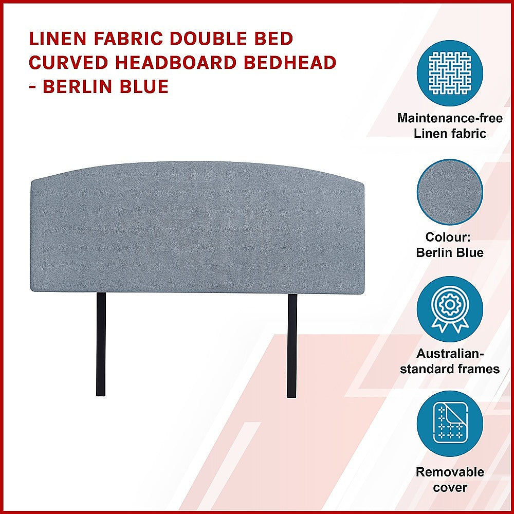 Linen Fabric Double Bed Curved Headboard Bedhead Berlin Blue