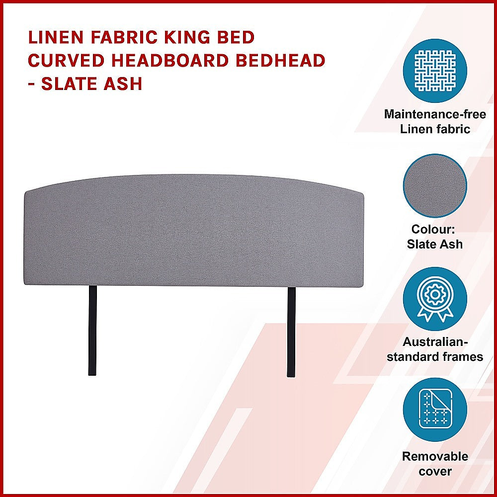 Linen Fabric King Bed Curved Headboard Bedhead Slate Ash