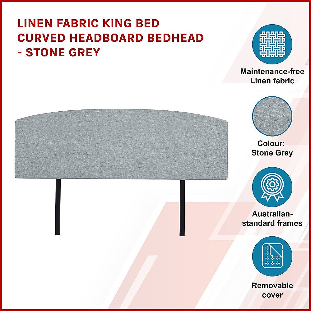 Linen Fabric King Bed Curved Headboard Bedhead Stone Grey