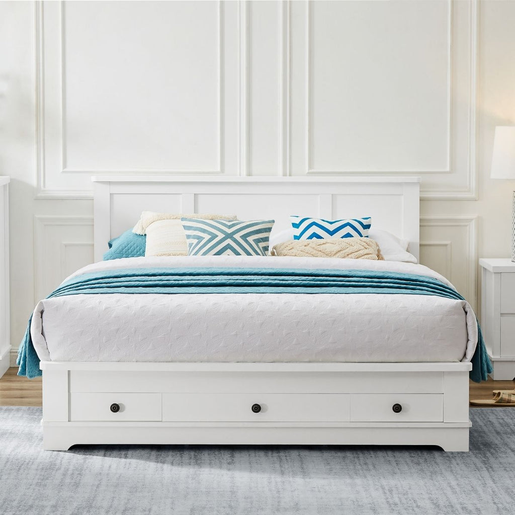 White Bedframe with Storage Drawers  with mattress on