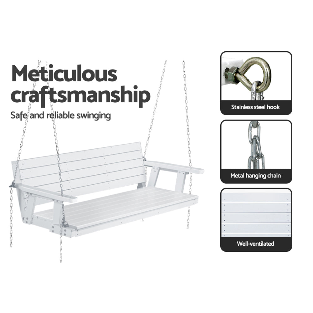 3 Seater White Porch Swing Chair with Chain Wooden Garden Bench