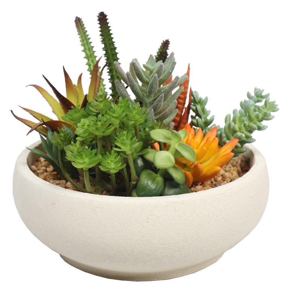 Potted Artificial Succulent Bowl with Natural Stone Pot 21cm - Housethings 