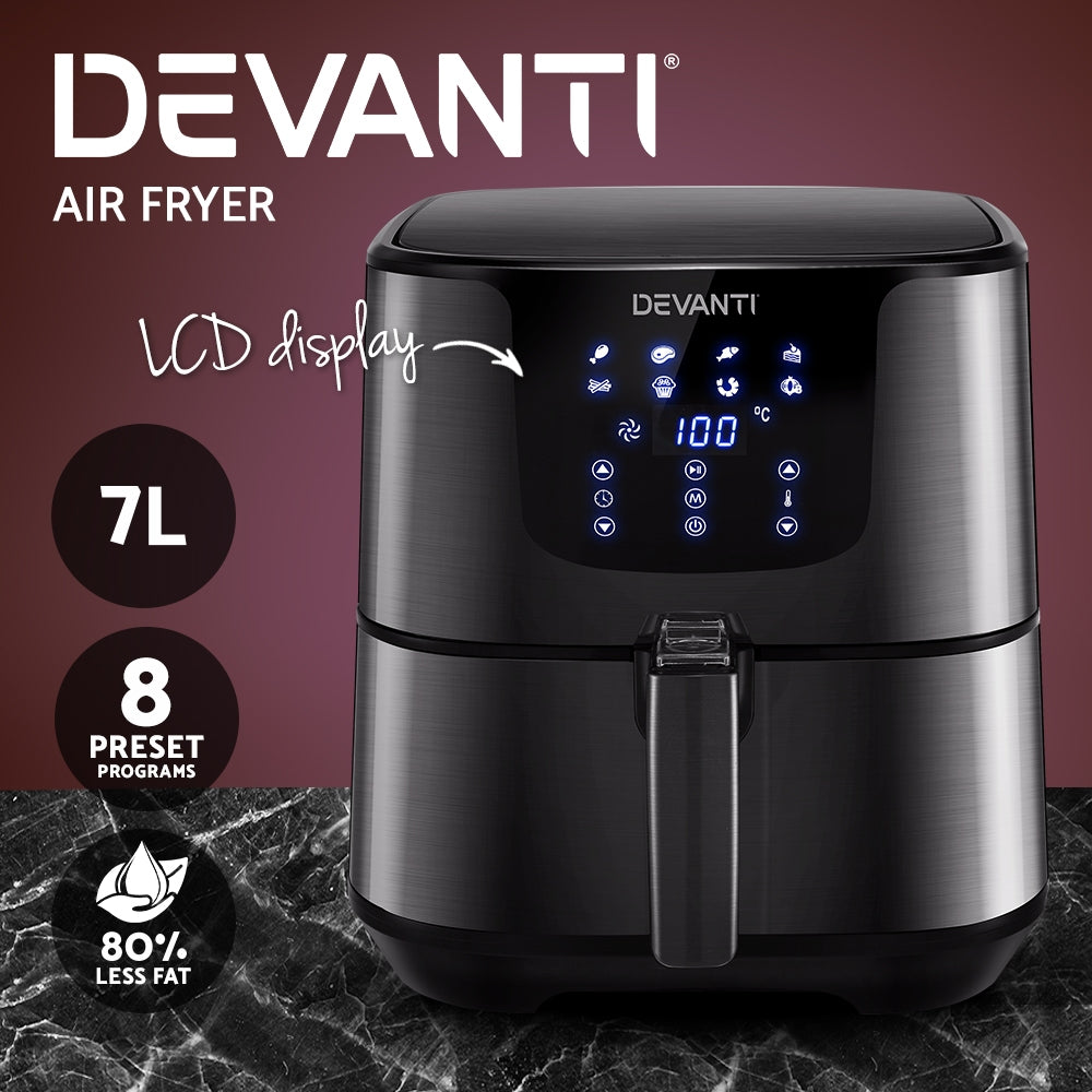 Devanti Air Fryer 7L LCD Fryers Oven Airfryer Kitchen Healthy Cooker Stainless Steel - House Things Appliances > Kitchen Appliances