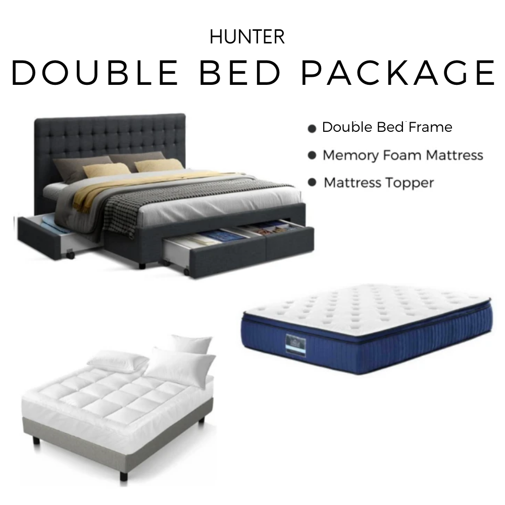 Hunter Double Bed Package Deal - Bed, Mattress & Bamboo Topper - House Things